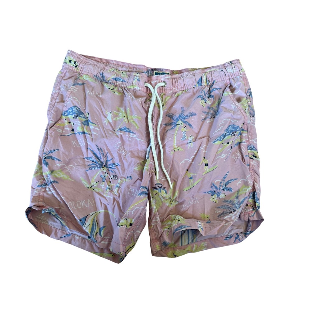 J.Crew Mens Pink Hawaiian Island Print Swim Trunks Size Medium Maui Oahu Kauai